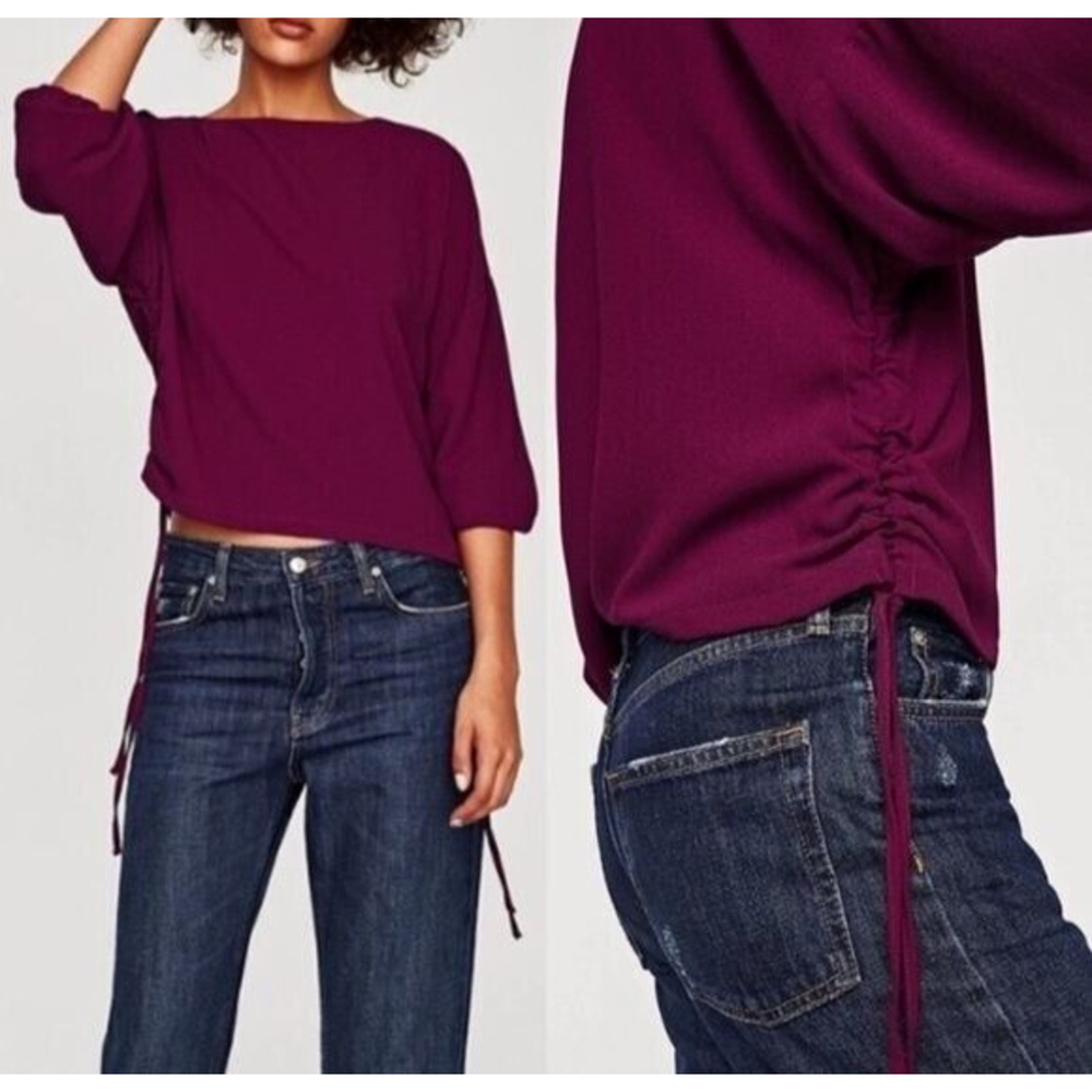 ZARA Ruched Crop Side Tie Textured Relaxed Fit Blouse Key Hole Back XS Wine